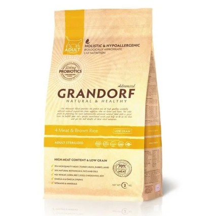 Grandorf Adult Sterilised сухой корм для стерилизованных кошек 4 вида мяса с пробиотиком 2 кг.